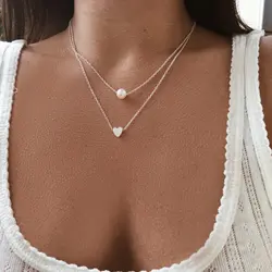 Korean Version Of Love Shape Pearl Necklace Double-Deck Metal Collar For Women Necklace Stailnless Steel For Girls Party Jewelry