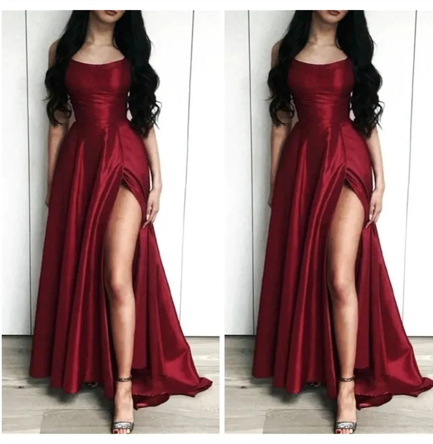 Customized Burgundy Satin Prom Dresses Spaghetti Straps Charming Women Formal Evening Gowns Outdoor Wedding Party Guest Robe