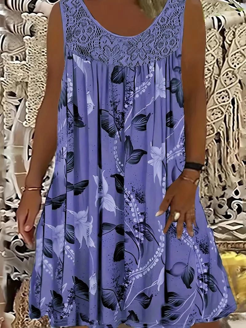 Plus size women's sleeveless round neck A-line dress with contrasting lace border floral print - knee length machine washable, c