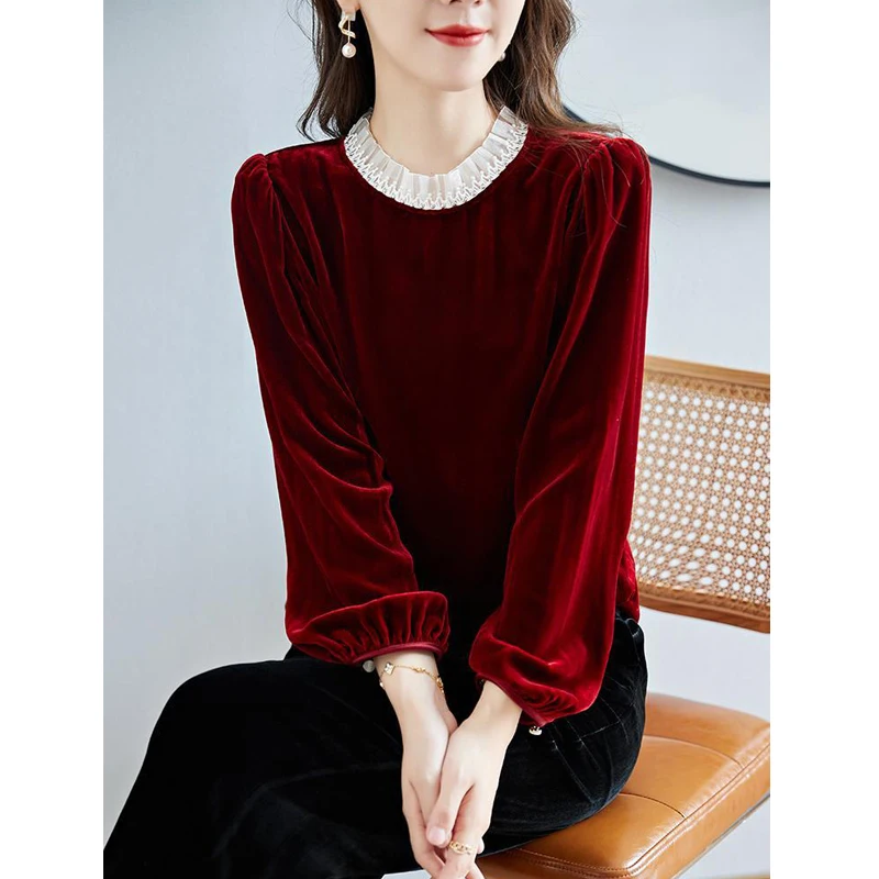 Elegant Chic Ruffle Lace Patchwork Vintage Red Black Pleuche Ladies Tops Casual Loose Long Sleeve Basic T Shirt Women\'s Clothing