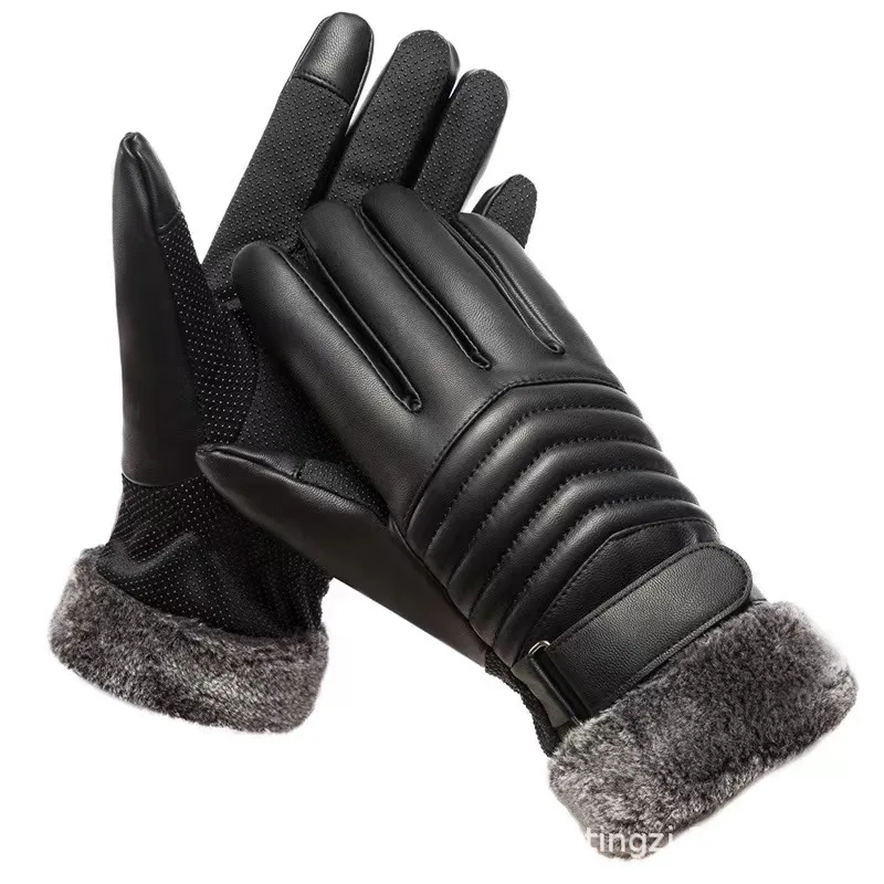 Winter Warm Black PU Gloves MEN'S Fur Mouth Plush Insulation Mittens Male Outdoor Cycling Motorcycle Touch Screen Cotton Gloves