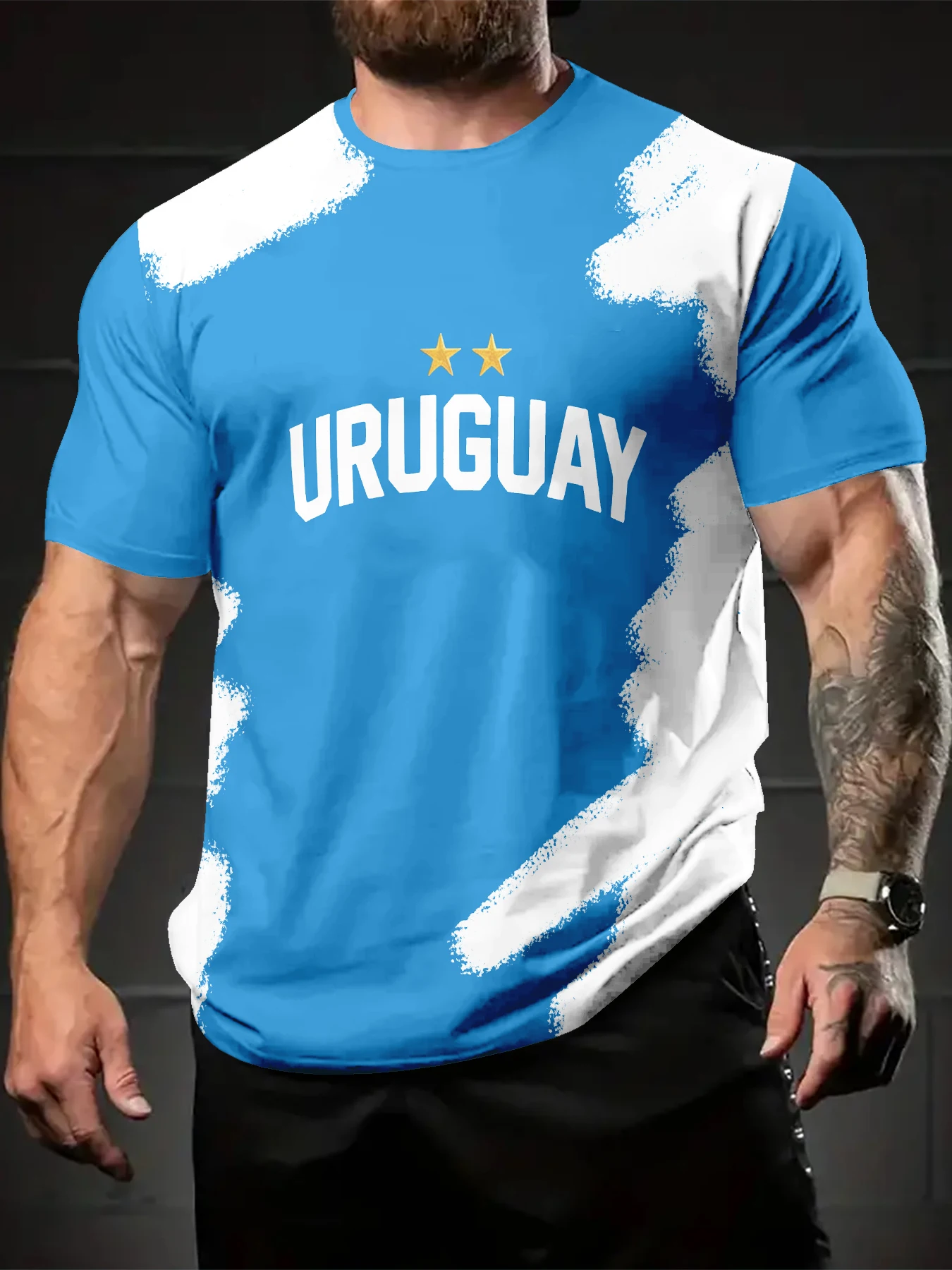 Men Abstract Vintage Rough Edge Color Block Twin Star Crew Neck Short Sleeve T-Shirt