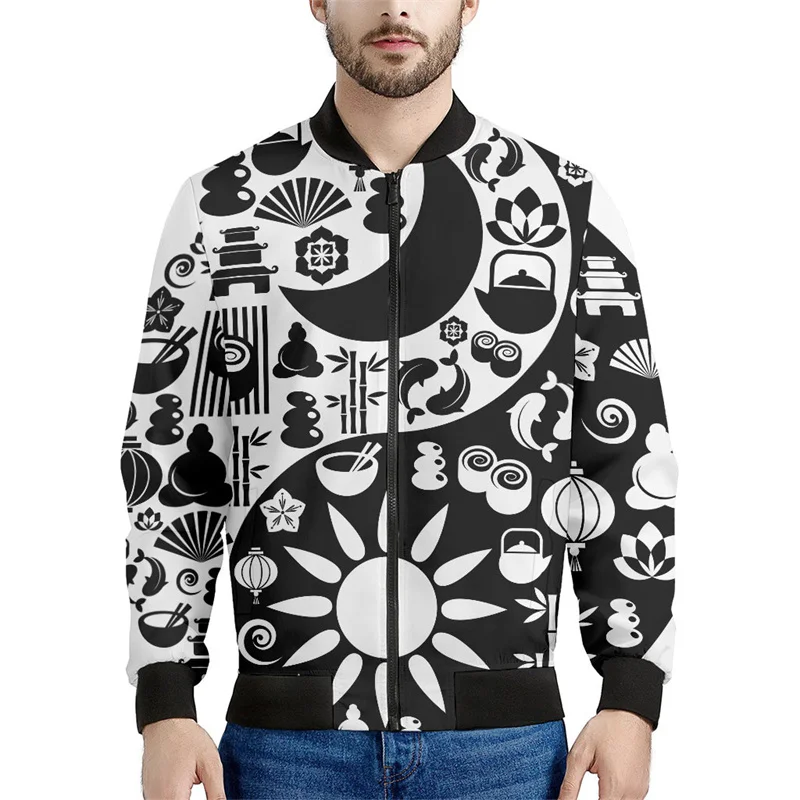 Black White Yin Yang Pattern Jacket Men Clothes 3d Printed Sweatshirt Cool Casual Bomber Zipper Jackets Street Fashion Tops Coat