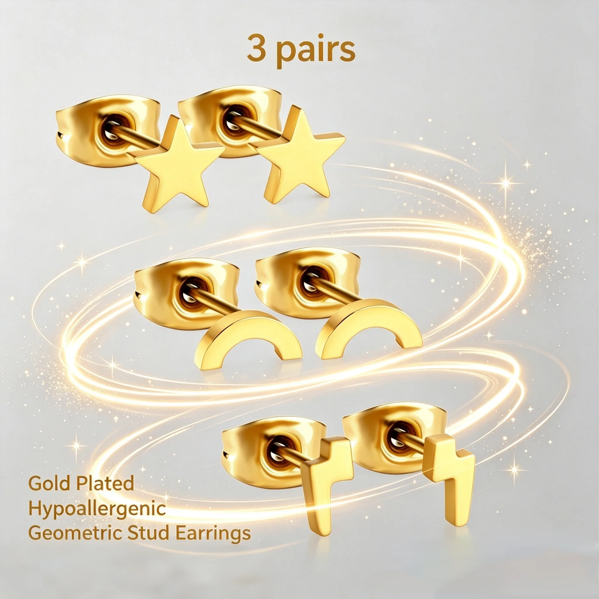3 Pairs Stainless Steel Geometric Stud Earrings Wholesale Gold Star Cross Curved Tiny Piercing Ear Jewelry For Women Bulk Supply