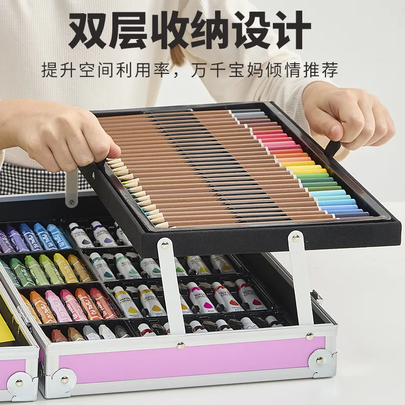 200 Piece Kids Art Set in Aluminum Carry Case with Watercolor Pens, Crayons, Oil Pastels, Acrylic Paints and Drawing Tools for