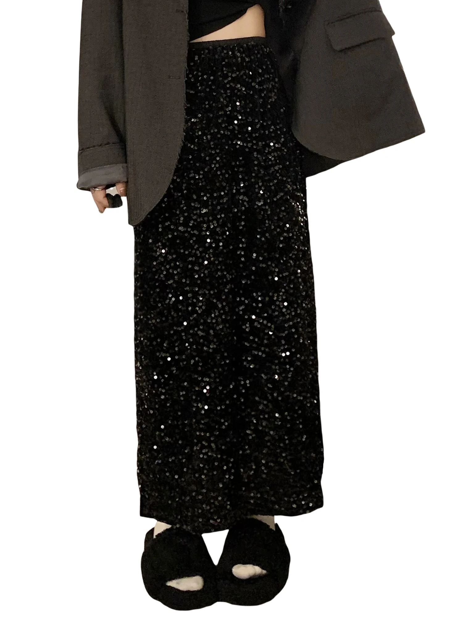 Women Long Skirt Elegant Elastic Waist Shiny Sequins Casual Skirt Streetwear for Daily