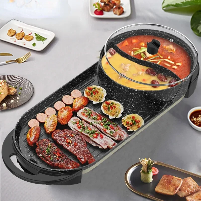 Electric Grill Multi-function Pot  Electric Hot Pot Electric BBQ Plate Smokeless  Maifan Stone Coating