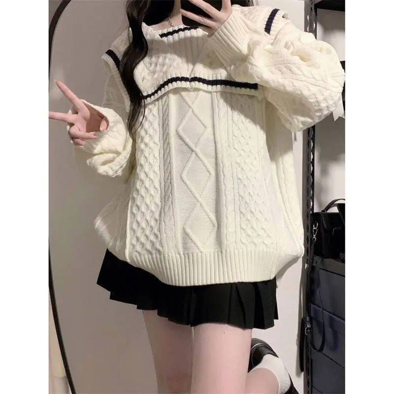 Deeptown Vintage Sailor Collar Women Sweater Preppy Basic Korean Fashion Autumn Knit Pullover Loose Jumper Japanese Aesthetic Jk