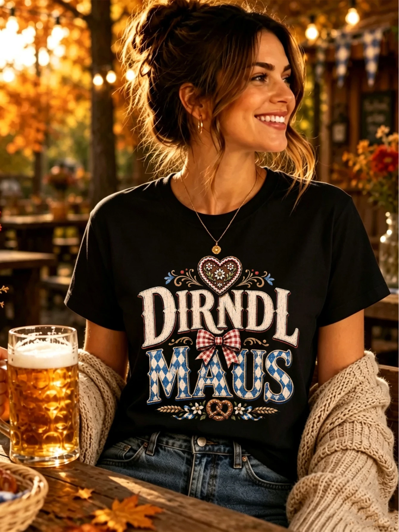 Dirndl Maus Graphic T Shirt Blue White Bavarian Diamond Lettering with Red Gingham Bow Gingerbread Heart Pretzel and Flower Tops