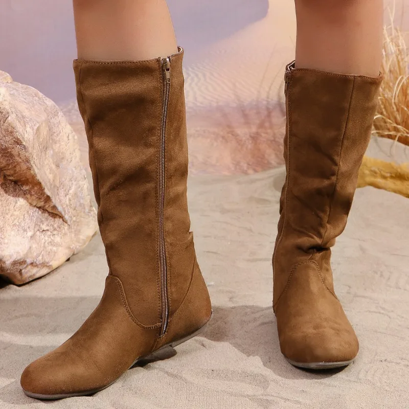 Flats Warm Cotton Shoes Women High Boots Winter Suede Snow Boots 2025 Trend Round Toe Casual Walking Western Botas Mujer Zipper