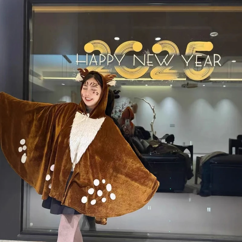 Christmas New Arrival Adult Women's Reindeer Cape Set with Hood Cosplay Costume Witch Shawl Deer Cloak Headpiece Antler Headband