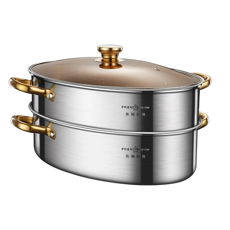 LFGB Certificate 304 Stainless Steel Fish Steamer 2 Layers 38cm Family Kitchen Steaming Pot Bolier with Transparency Cover