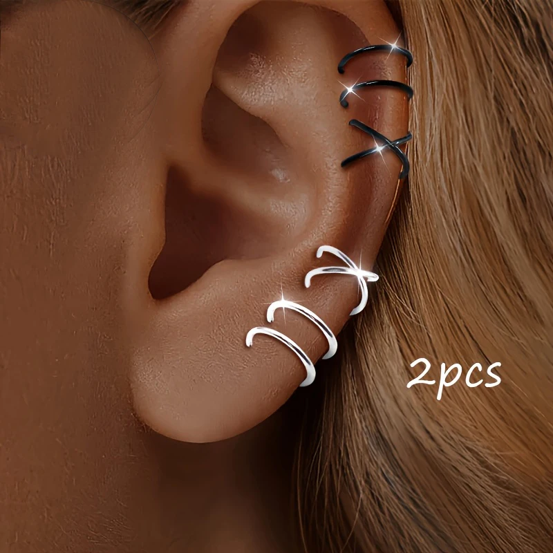 2pcs Stainless Steel Minimalist Style Men And Women Fashion Ear Clips Cool Cross Double-Layer Ear Clips Unisex Daily Casual