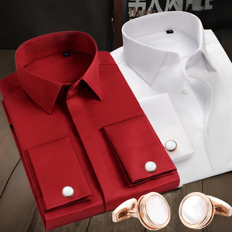 

French Cuff Button Men's Tuxedo Wedding Shirt Long Sleeve Luxury Mercerized Cotton High Quality Formal Dress Shirt with Cufflink