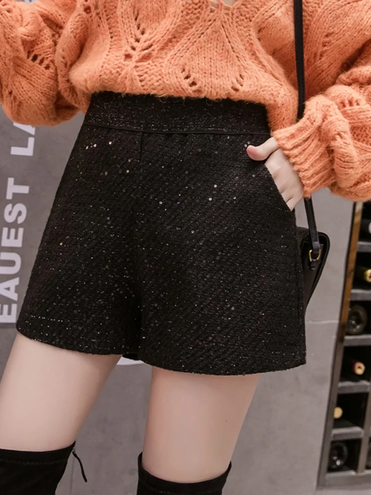 2025, neue Herbst/Winter-Wollhose mit elastischer Taille, funkelnder grober Hanf, helle Seide, Wolle, weites Bein, Stiefel, Hose, Tweed-Shorts