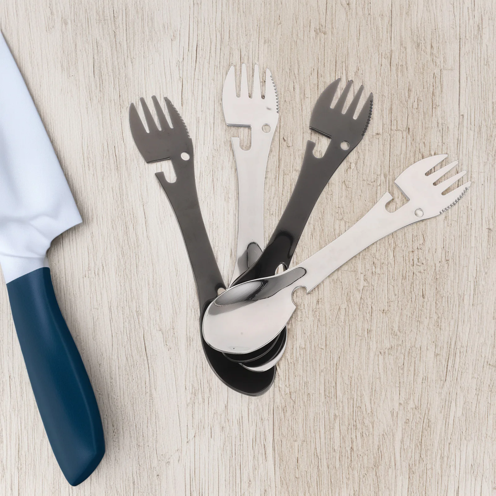 

4Pcs Reusable Stainless Steel Portable Tableware Multifunctional Spork with Bottle Opener Outdoor Camping Cutlery Set for Travel