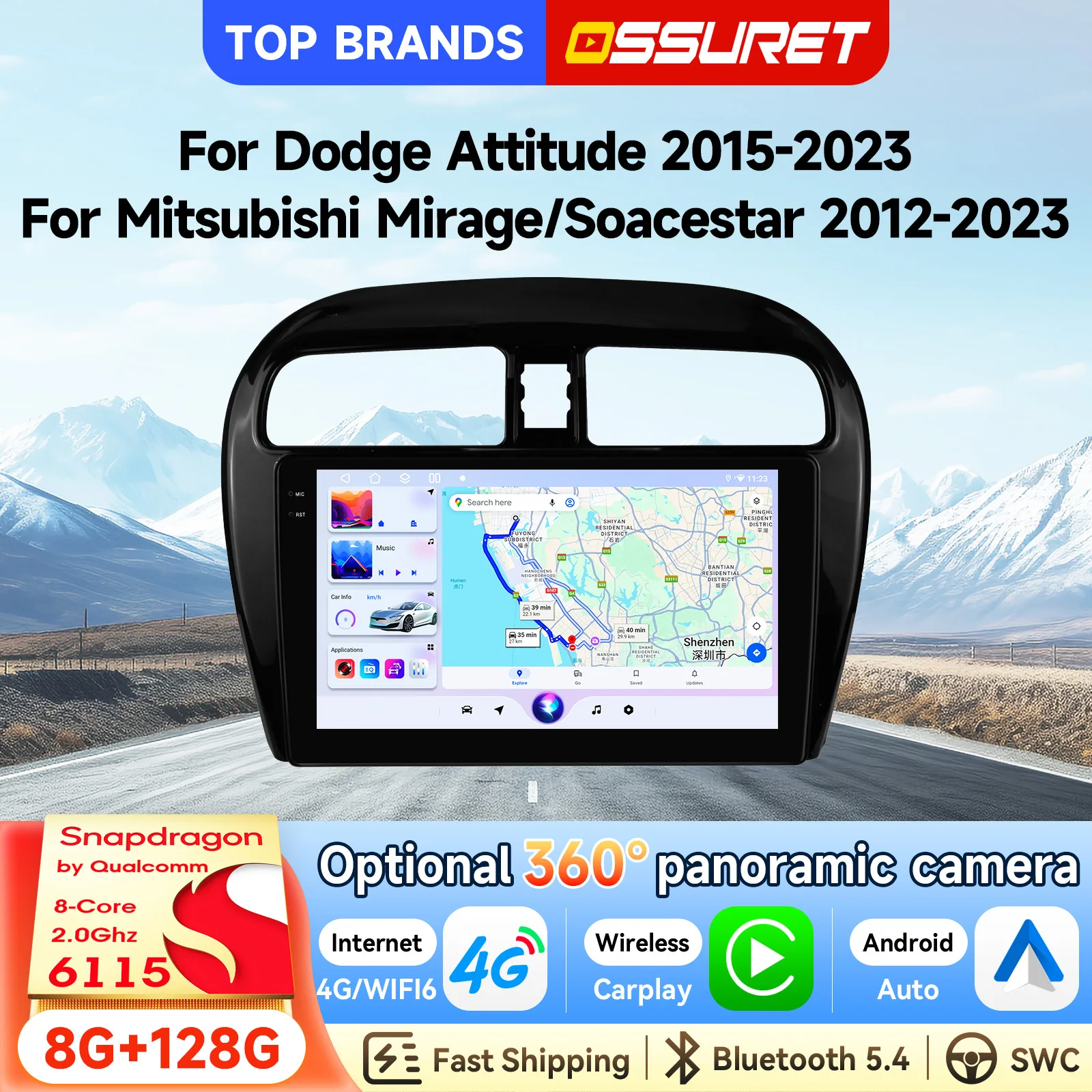 OSSURET Bestseller 2 Din 9 Zoll Android 14 GPS-Navigation Autoradio für Dodge Attitude 2015-2023 für Mitsubishi Mirage/SpaceStar 2012-2023 Haupteinheit mit Snapdragon 6115 CarPlay Android Auto SWC