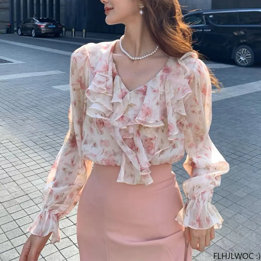 Flare Sleeve Romantic Blouses Hot Sales 2023 Women Tops Chic Korea Office Lady Cute Sweet Girls Pink Ruffles Shirts