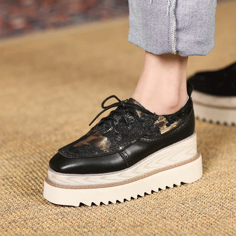 New Wedges Heightening Flat Platform Shoes Female British Genuine Leather Casual Brogue Lace Up Thick Sole Single Shoes Women