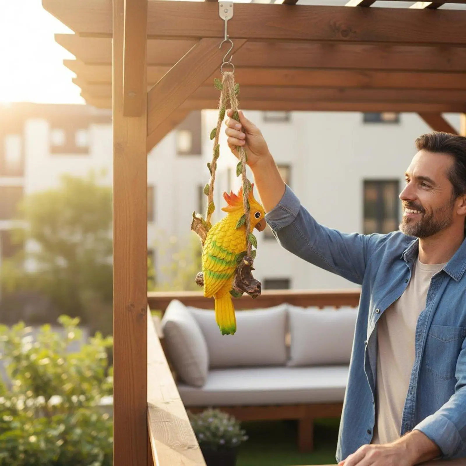 Decorative Resin Parrot on Swing Statue Fade Resistant Outdoor Bird Figurine for Home Garden Patio