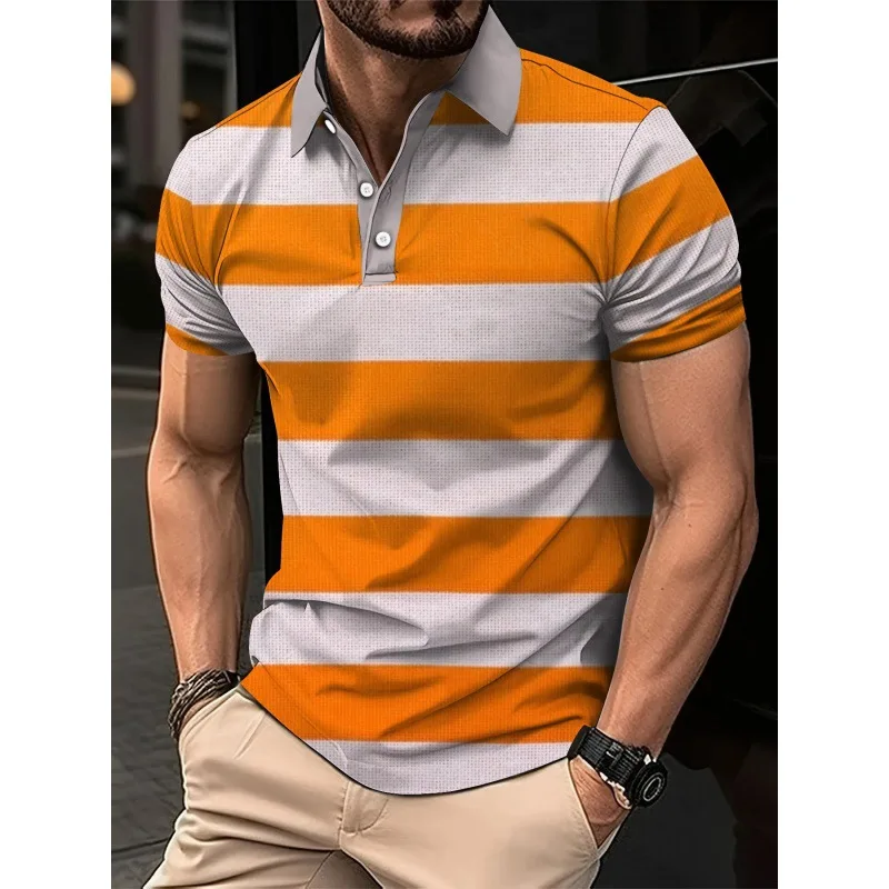 2024 New Men's Summer Short Sleevedpolo Shirt Lapel 3d Digital Printed Striped Polo Shirt Men Busibness Casual Top Men Clothing image 4