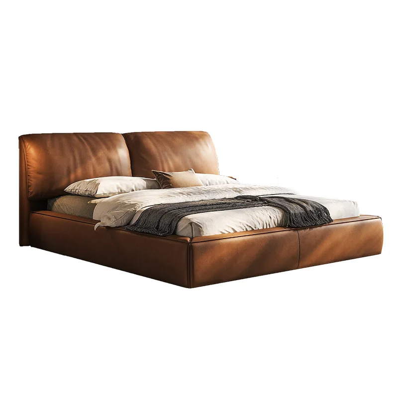 

‌Italian Minimalist King-Size Bed for Master Bedroom – Luxury Retro Black Upholstered Bed with Top-Grain Cowhide Leather