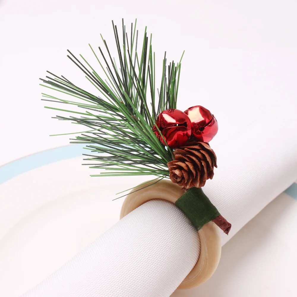 4PCS Christmas Table Decoration Pinecones for Napkin Rings Cedar Napkin Clasps Wooden Rings Red Fruit Bells for Napkin Circles.