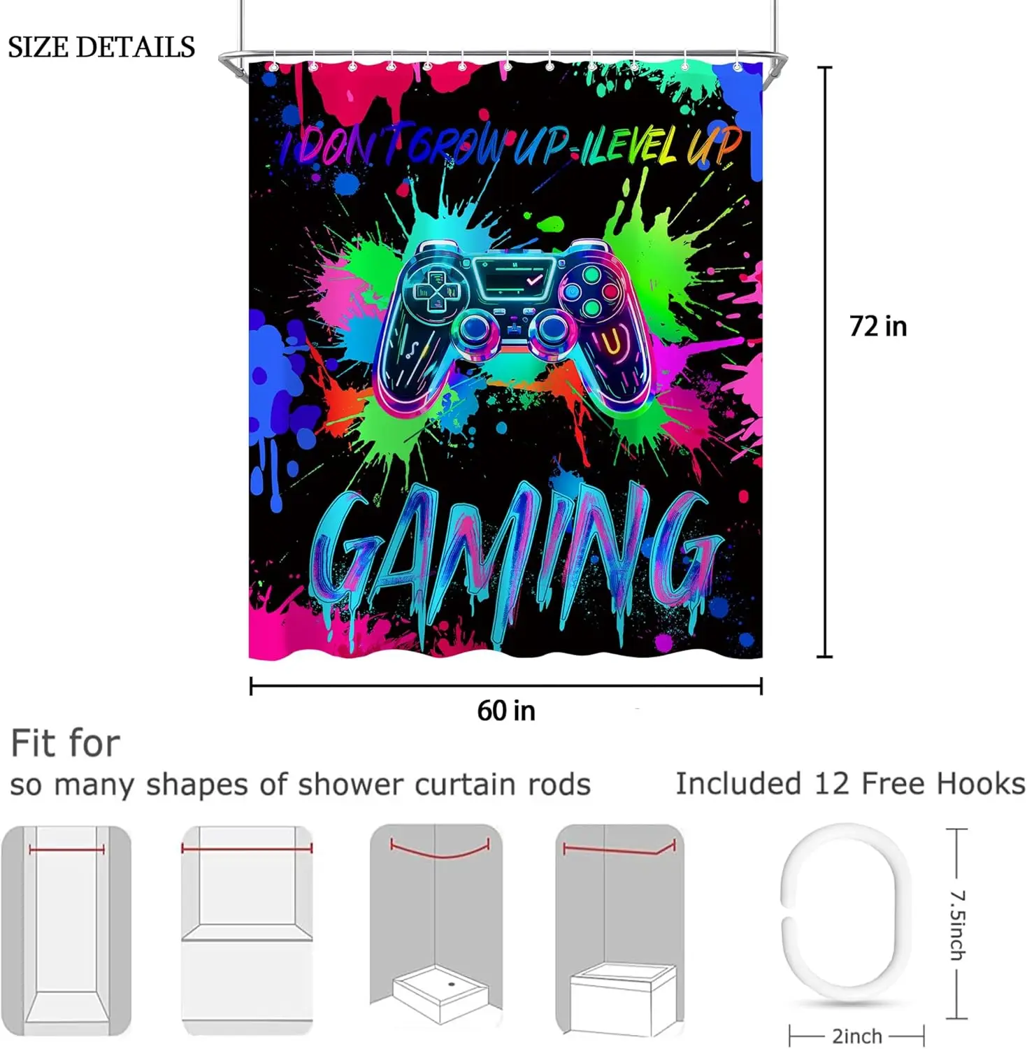 Neon Gaming Shower Curtain, Retro 80s Video Gamepad Design, Trippy Modern Gamer Style, Waterproof Bath Curtain  with  Hooks