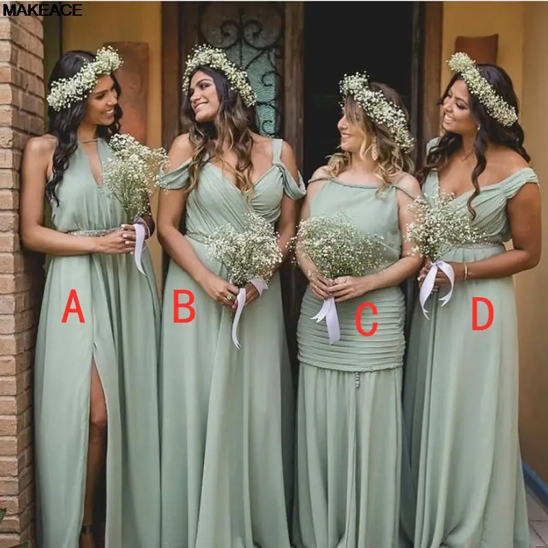 

Sage Green Bridesmaid Dresses 2023 Chiffon A-Line Off Shoulder Side Split Pleat Floor Length Wedding Party Gowns With Sashes