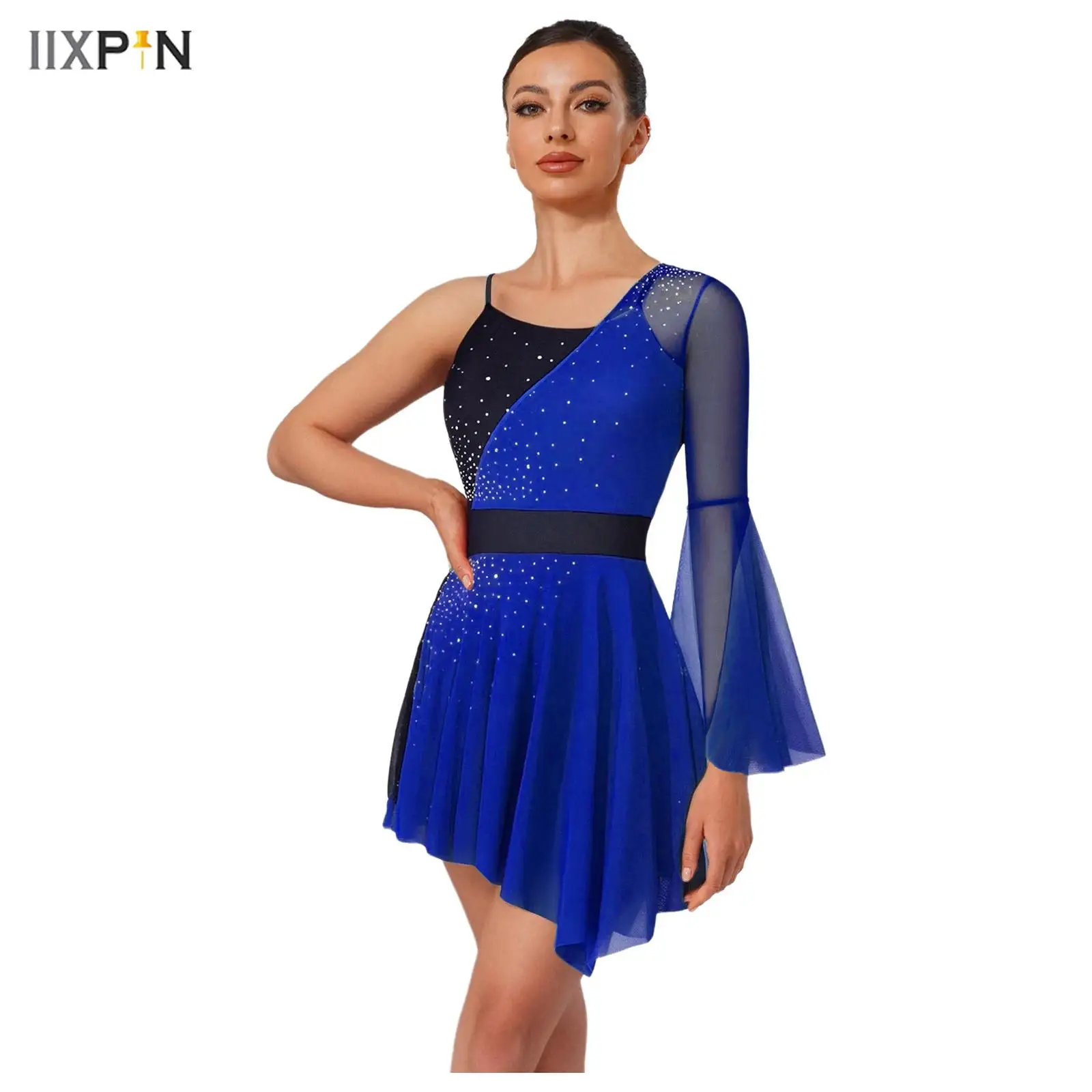 

Womens Shiny Figure Skating Dress Color Block One Flare Sleeve Built-in Briefs Irregular Mesh Leotard Dress for Modern Dance