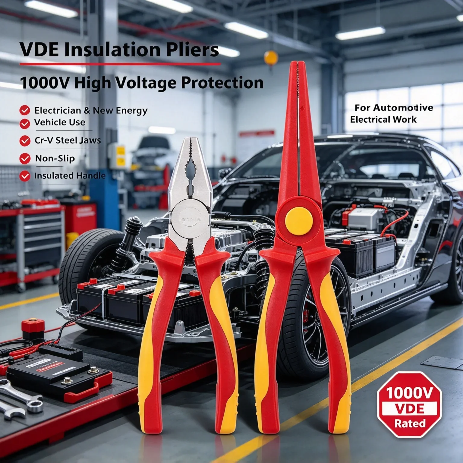 VDE 1000V Insulated High Voltage Steel Wire Pliers Ceramic Pliers Needle Nose Pliers for EV Automotive Repair Kit
