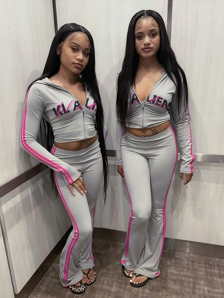 Casual Tracksuit 2 Piece Set Woman Letter Print Full Sleeve Hooded Jacket+Stripe Patchwork Long Pants Sporty Style Outfits