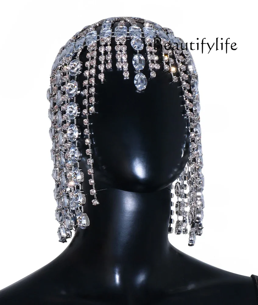 Exaggerated tassel hair chain big diamond rhinestone headdress concert dance shiny headdress