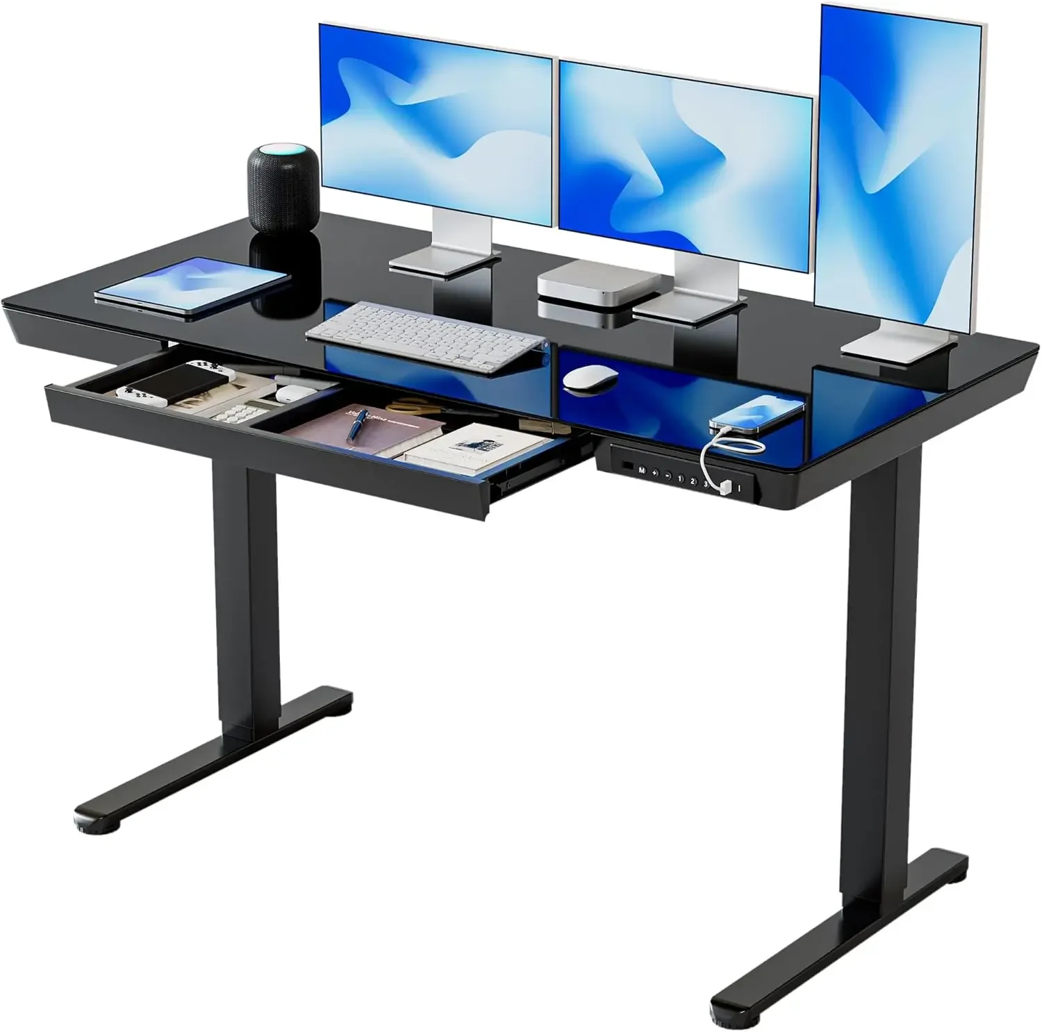 Electric Standing Desk with Drawers, 55 inch Whole-Piece Glass Desktop, Height Adjustable Stand up Sit Stand Home Office