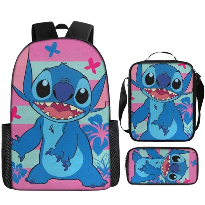 MINISO Stitch-Conjunto de tres piezas para niños, mochila para estudiantes, bolsa de viaje, bolso de hombro, estuche para lápices