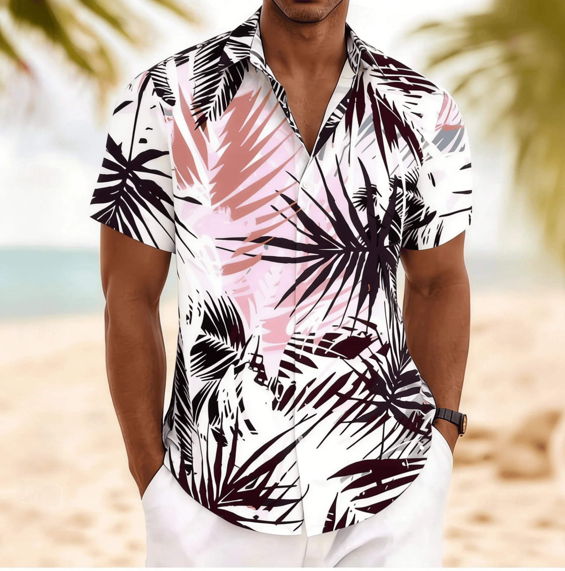 

Men's Palm Leaf Print Short Sleeve Shirt, Spring Summer Artistic Hawaiian Vacation Blouse, Loose Casual Top