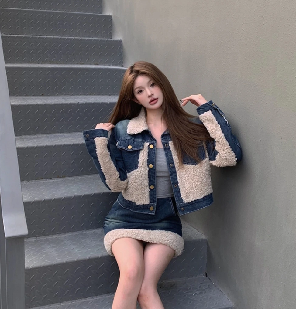 

Denim Coats Woman Oversize Fur Plush Womens Autumn Regular Fit Sweet Cool Girl Urban Commuting Quick-Drying Buttoned Sashes Chic