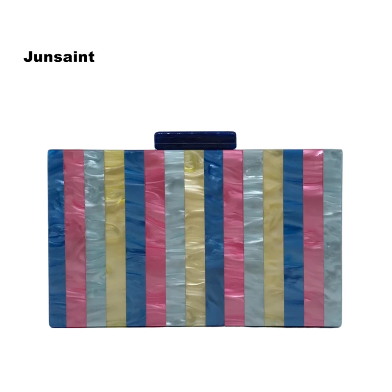 

Brand Design Blue Base Acrylic Clutch Handbag Chic Women New Striped Evening Bag Colors Banquet Hardcase Chains Party Prom Boxes