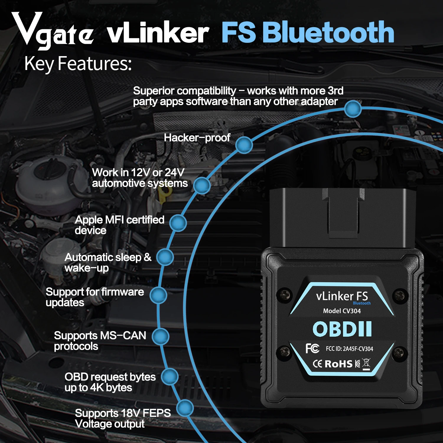 VLinker FD+ OBDII Bluetooth Scanner – Diagnostica Auto Per Android, IOS E Windows, Check Engine, Bluetooth 4.0, Compatibile Con Forscan E Carista