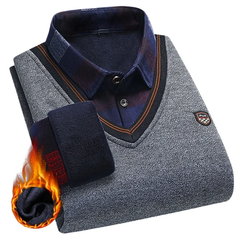 

Vintage Plaid Sweater Pullover Men Thick Warm Knitwear Winter Autumn Clothing Patchwork Men's Fleeced Polo Collar Pullovers