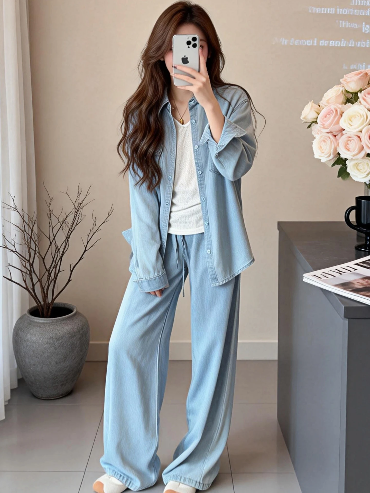 

Washed Denim Jacket And Straight Leg Pants Set Women's Casual Style Spring Autumn Fashion Loose Fit Simple Design Outfit