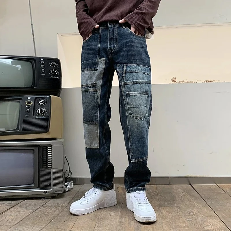 Estilo americano nova moda masculina high street casual na moda solta emendada multi bolso calças jeans masculinas roupas