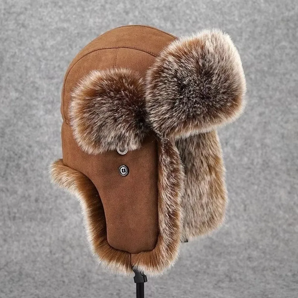 Soft Suede Fabric Men Lei Feng Hat Imitation Fur Warm Ear Protection Hat Fleece-Lined Cold-Proof Hat Skiing