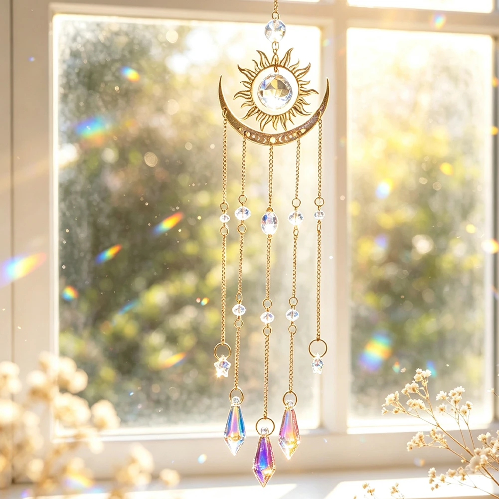 Klarer Kristall Sonne Mond Stern Sonnenfänger Prisma Hängendes Ornament Glücksbringer Feng Shui Fenster Heim Veranda Wanddekoration Regenbogenprojektion – Detail 5
