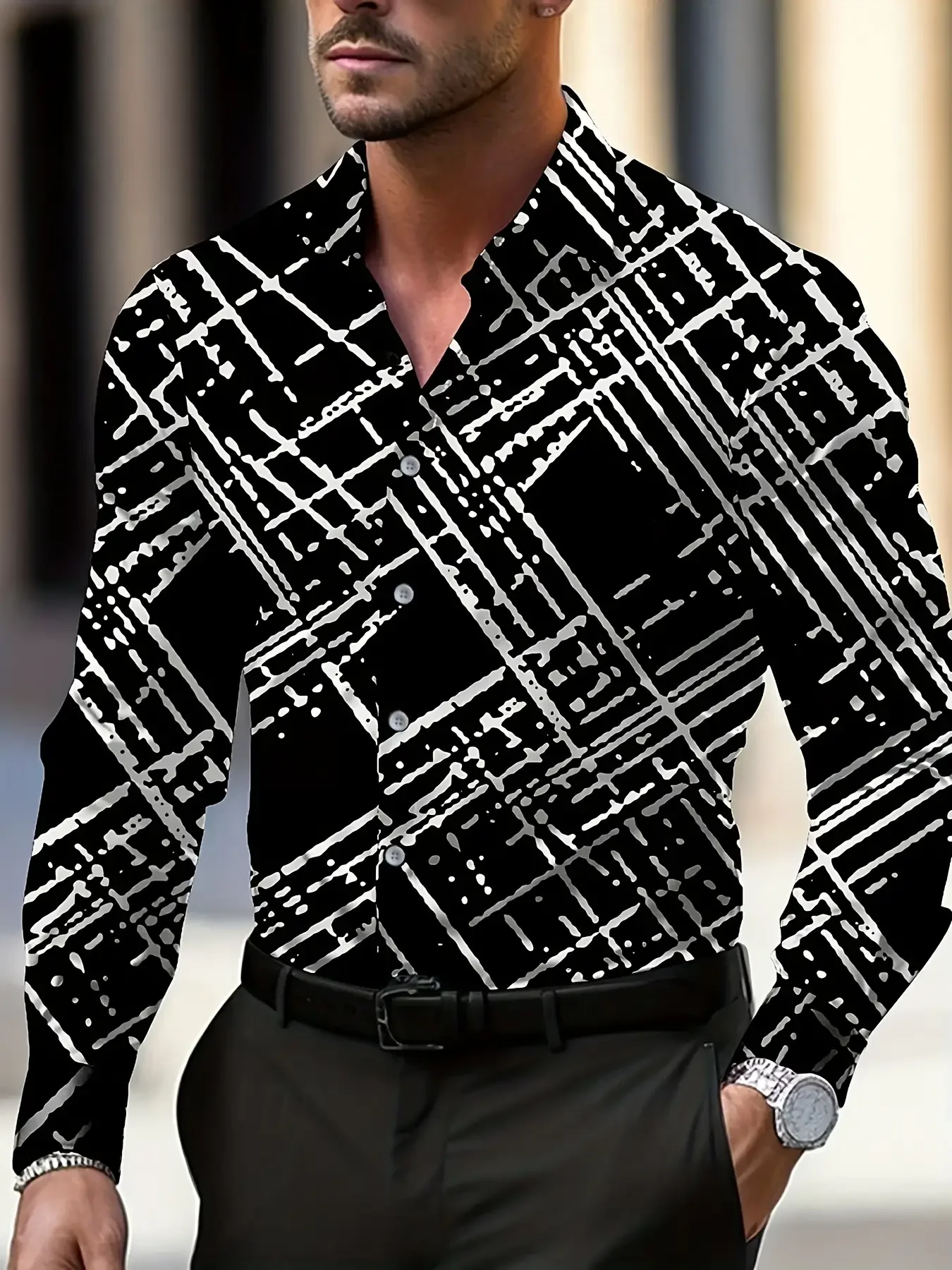 メンズ幾何学模様プリントシャツ - 3Dデジタルプリントビジネスカジュアル長袖