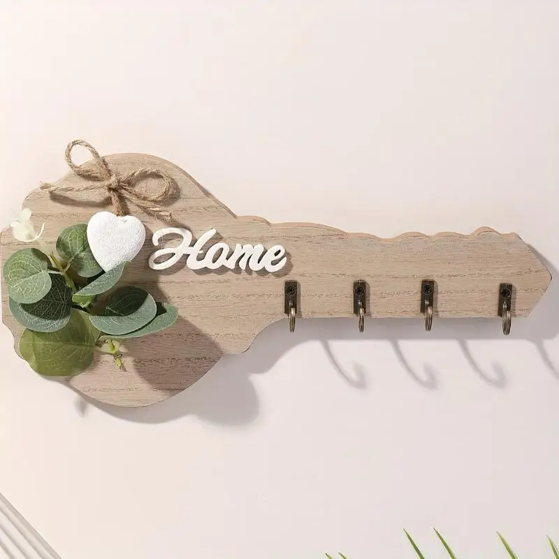 1 Wooden "Home" Key Holder Wall Decor With Heart Embellishments And 4 Hooks - Stylish Modern Party Home Decor