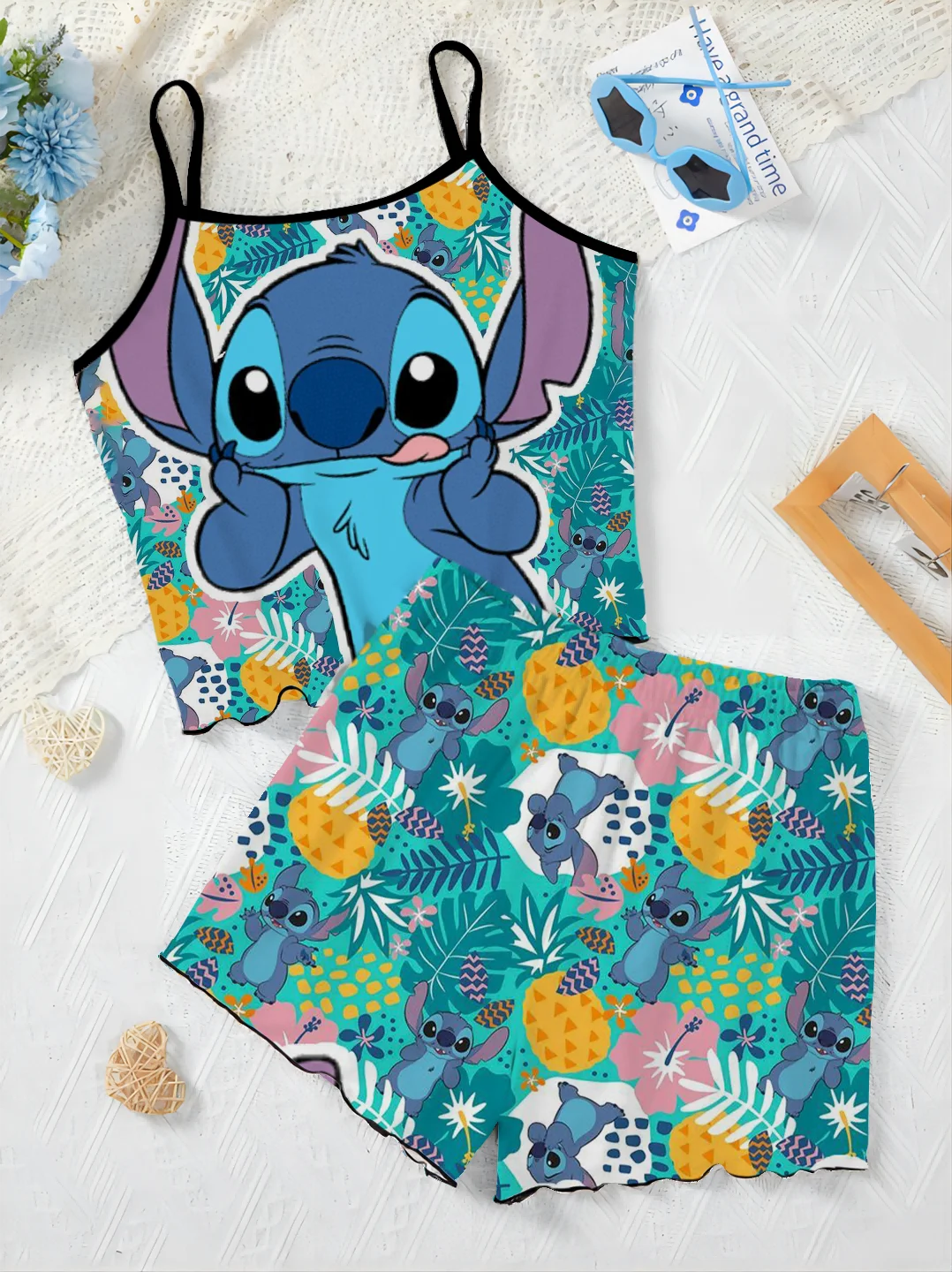 Ensemble jupe pyjama Disney pour femme, robe de maison au point trempé, haut et t-shirt, garniture de laitue Disney, ensembles courts élégants, 2 pièces