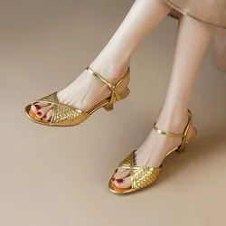 Phoentin Luxury Woman Sandals Kitten Heels French Elegant Shoes 2024 Gold Color Peep Toe Footwear FT3362