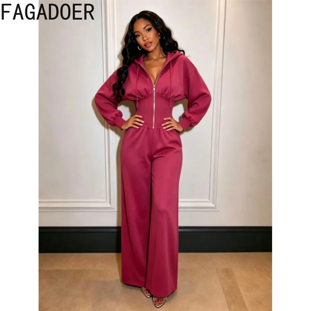 FAGADOER Women Jumpsuit Hooded High Quality Fabric Zip Front Long Sleeve Cinched Waist Wide Leg Casual One Piece Streetwear