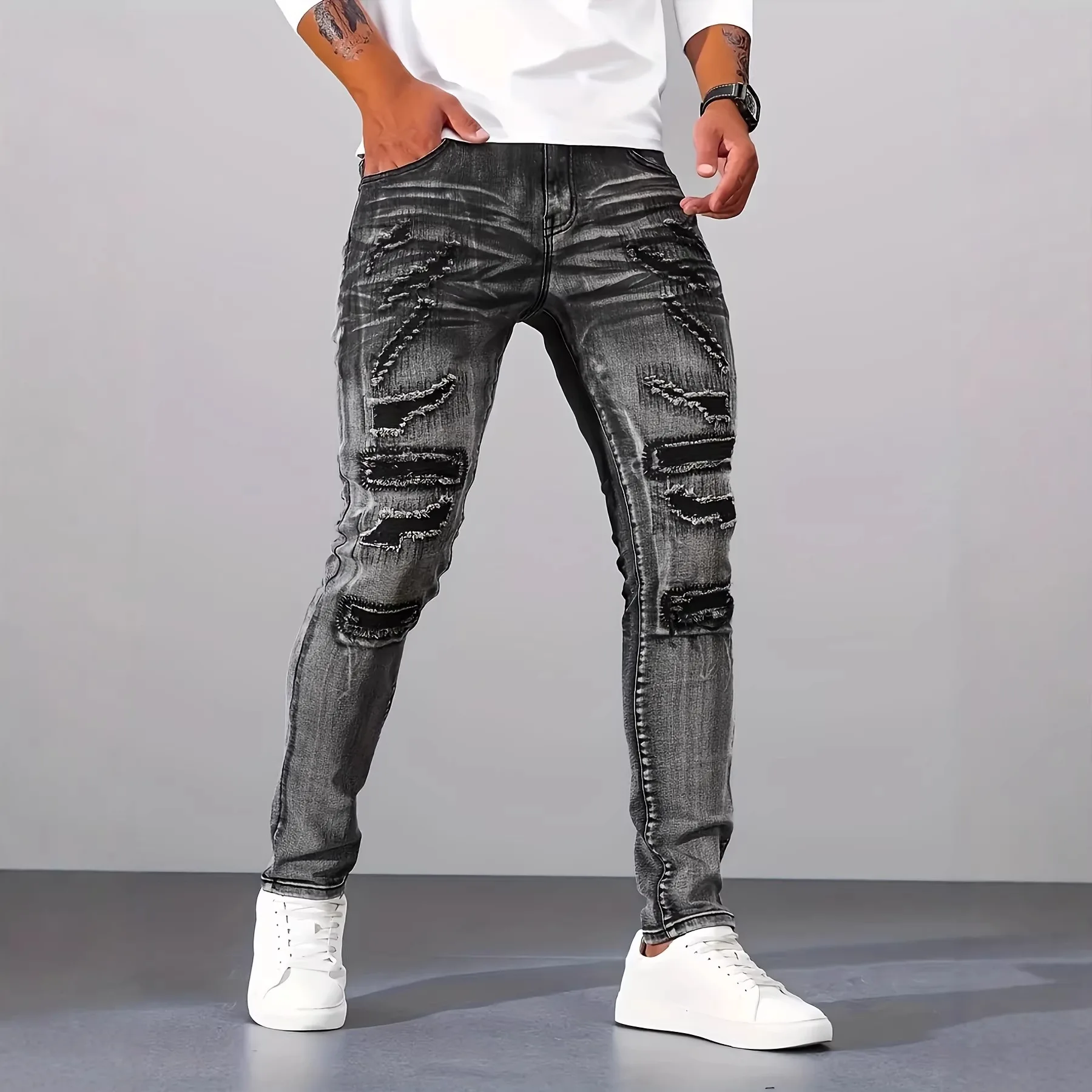 Men Grey Slim Simple Casual Daily Hole Patched Super Stretchy Denim Pencik Trousers Male American New Fashion Male Jeans Pants
